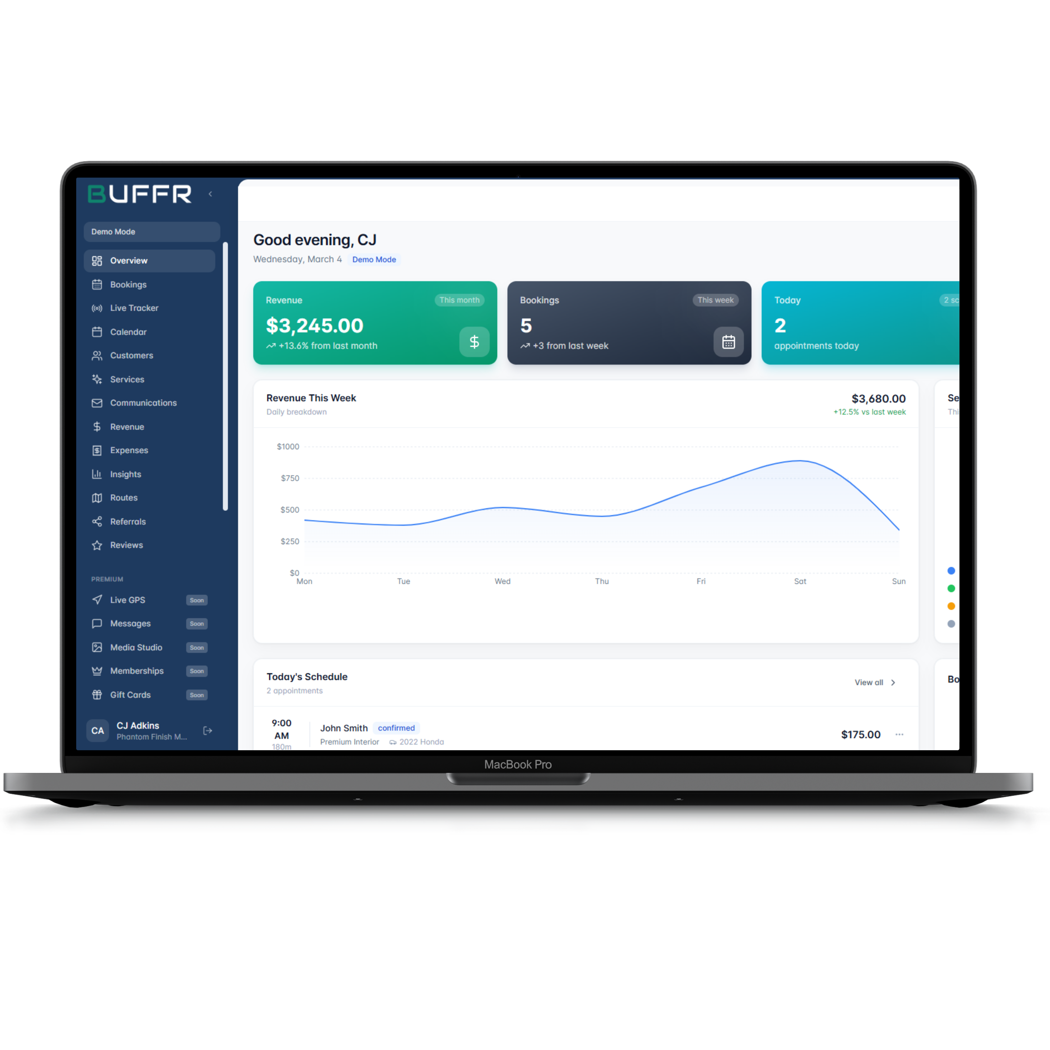 Buffr dashboard on laptop